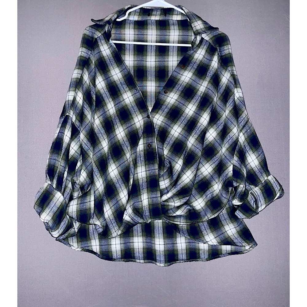 Blue green white gray plaid shirt